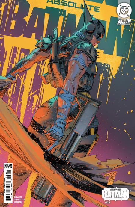 Absolute Batman #24 Cover B Clay Mann Variant featuring a heavily armored Batman carrying his massive axe against a bold yellow and purple background.