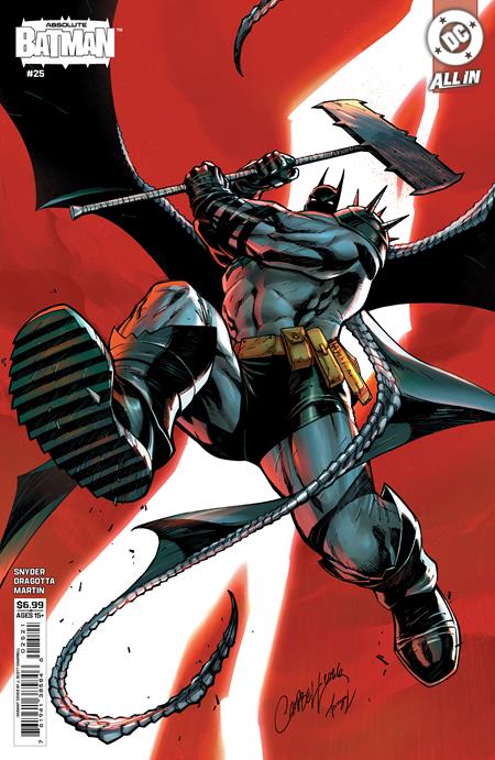 Absolute Batman #25 Cover B J. Scott Campbell Variant featuring a muscular, armored Batman leaping forward while wielding a massive battle axe, with his black cape spread wide and heavy cables swirling around him against a bold red-and-white background.