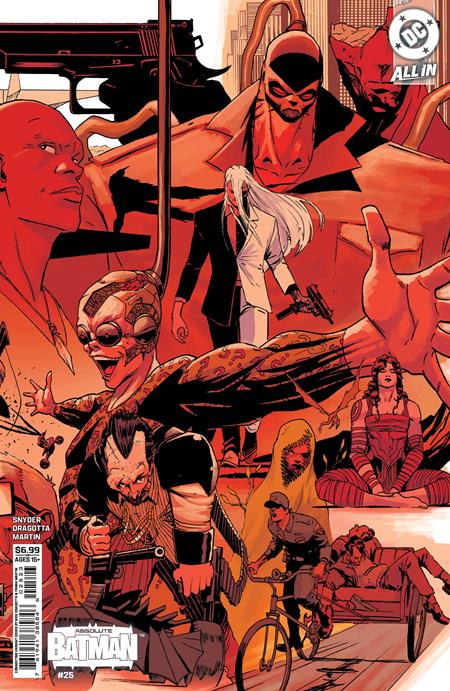 Absolute Batman #25 Cover J Nick Dragotta Right Connecting Variant featuring a dramatic collage of Gotham City villains, masked criminals, armed figures, and mysterious characters in bold red, orange, and black artwork, completing the right panel of the three-part connecting cover illustration.