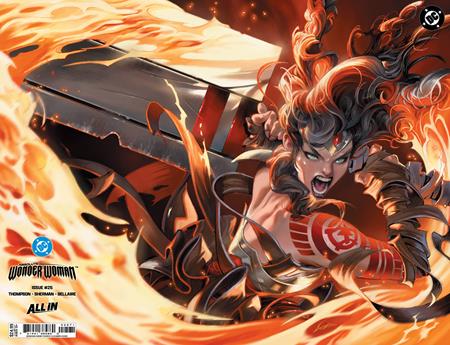 Absolute Wonder Woman #25 Cover G Alexander Lozano DC Showcase Wraparound Foil Variant featuring Diana in ornate battle armor, wielding an enormous sword as swirling orange and golden flames surround her flowing dark hair and fierce expression across a dramatic panoramic illustration.