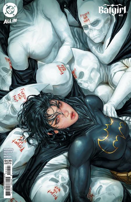 Comic book cover for DC Comics' All-In Batgirl #22, featuring a dark-skinned Batgirl in a black and gold suit lying on white-skinned figures with red markings, with the DC logo and Batgirl title visible.
