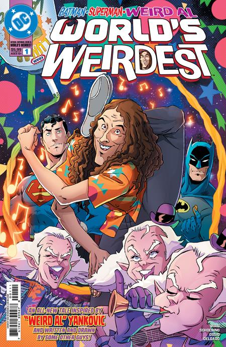 Batman Superman Weird Al World's Weirdest #1 Cover A by Dan Schoening featuring Weird Al Yankovic teaming up with Superman and Batman alongside Fifth Dimension characters.