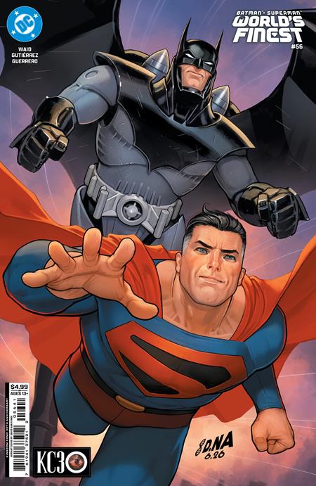 Batman Superman World's Finest #56 Cover D David Nakayama Kingdom Come 30th Anniversary Variant featuring Superman flying forward in his classic blue-and-red costume while an armored Batman flies behind him with his massive black cape spread against a dramatic purple and orange sky.