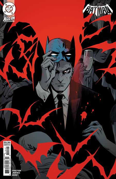 Batman #15 Cover D Becky Cloonan Variant featuring Bruce Wayne in a black suit lifting a Batman mask, surrounded by shadowy Gotham figures and dramatic red bat silhouettes against a bold red-and-black background.