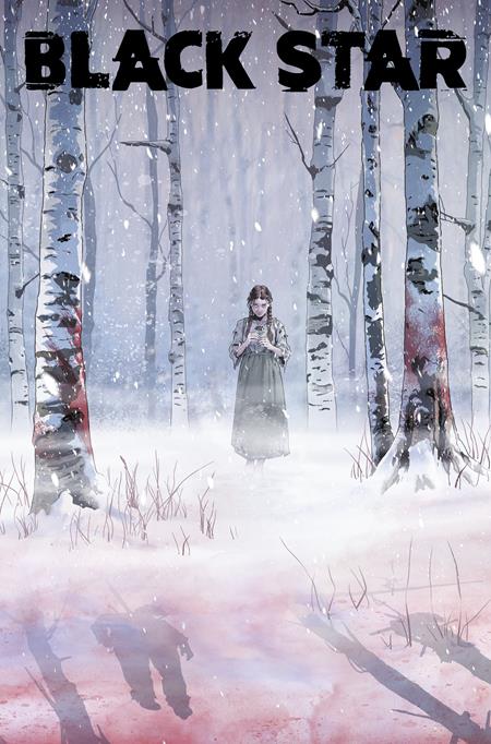 Black Star #3 Cover A by Danny Luckert featuring a mysterious woman standing alone in a snowy forest with ominous blood-stained trees.