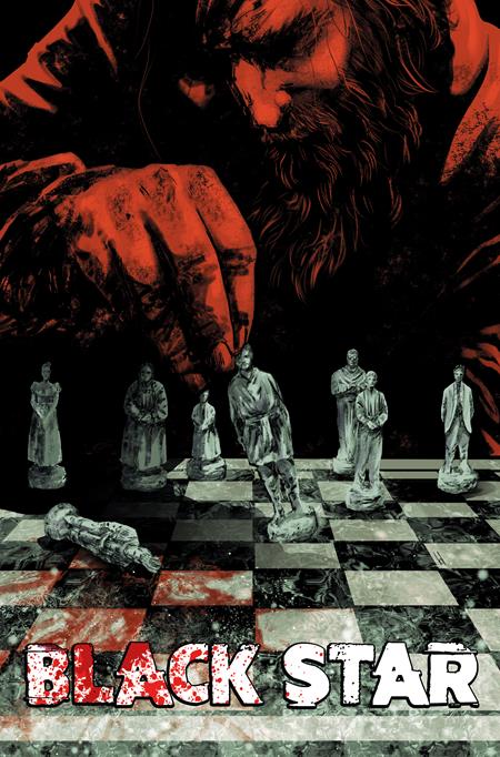Black Star #3 Cover B Joe Bocardo Variant featuring a blood-stained chessboard with mysterious figures beneath an ominous red and black portrait.
