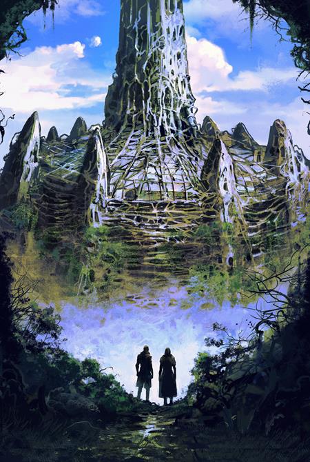 Black Star #3 Cover D Reza Afshar Virgin Variant featuring two figures approaching a massive mysterious tower surrounded by jagged formations and wilderness.