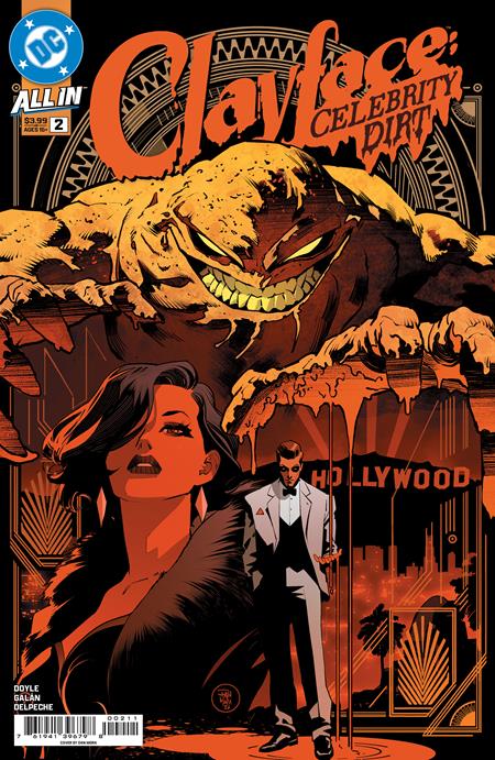 Clayface Celebrity Dirt #2 Cover A by Dan Mora featuring a monstrous Clayface looming over Hollywood figures in dramatic orange and black artwork.