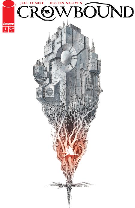 Crowbound #1 Cover A by Dustin Nguyen featuring the towering Factory rising above twisted roots and a lone illuminated figure.