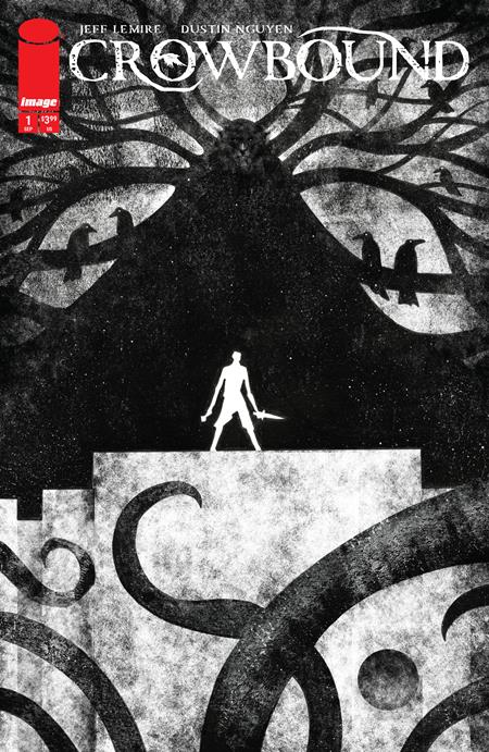 Crowbound #1 Cover B Jeffrey Alan Love Variant featuring a lone white figure surrounded by massive shadowy forms, twisted branches and perched crows.