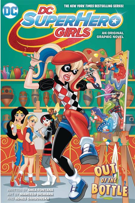DC Super Hero Girls Out of the Bottle TP cover featuring Harley Quinn and her comic book creations coming to life in a fun and colorful DC Comics adventure.