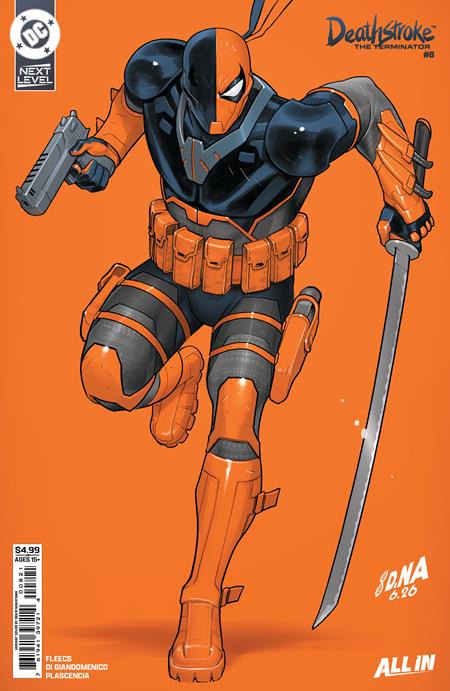 Deathstroke the Terminator #8 Cover B by David Nakayama featuring Slade Wilson in orange-and-black tactical armor charging forward with a pistol and sword against a bright orange background.