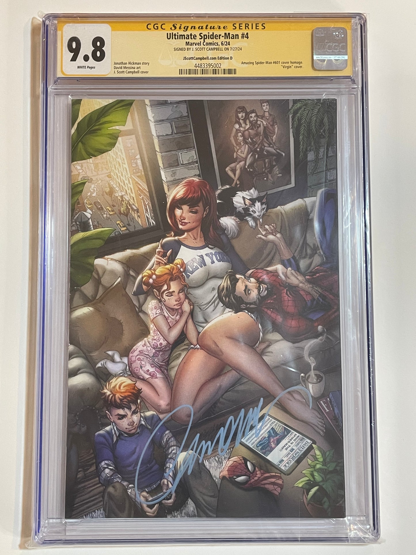 Ultimate Spider-Man #4 SDCC Virgin Variant Cover D, CGC SS 9.8, Signed by J. Scott Campbell, Limited to 1800, Featuring the 1st Full Appearance of Earth-6160 Gwen Stacy