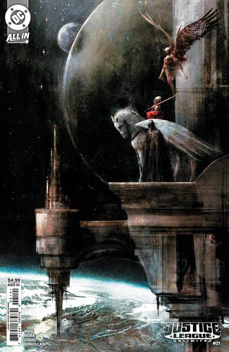 Justice League Unlimited #21 CVR D Seb McKinnon Variant featuring an atmospheric cosmic scene with winged figures overlooking a futuristic world in the DC All In Universe.