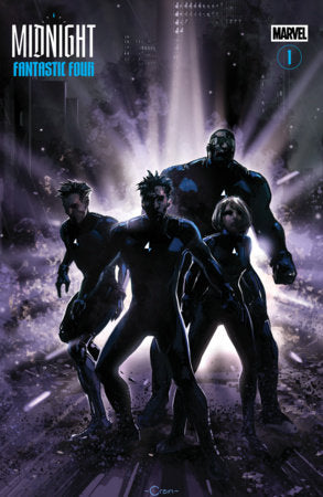 Midnight Fantastic Four #1 Cover F Clayton Crain 3-Part Connecting Variant featuring the four transformed team members emerging from a dark, explosive city scene.