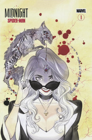 Midnight Spider-Man #1 Cover C Peach Momoko Midnight Special Variant featuring a silver-haired woman in sunglasses with a spider emblem on her forehead and a monstrous creature looming behind her.