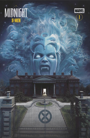 Midnight X-Men #1 Cover D Bjorn Barends Midnight Horror Homage Variant featuring a gothic mansion behind X-Men gates with a massive ghostly blue vampire figure looming overhead.