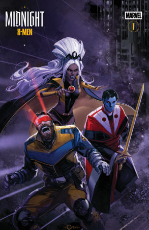 Midnight X-Men #1 Cover F Clayton Crain 3-Part Connecting Variant featuring Storm, Wolverine, and Nightcrawler charging into battle through a dark, smoke-filled city scene.