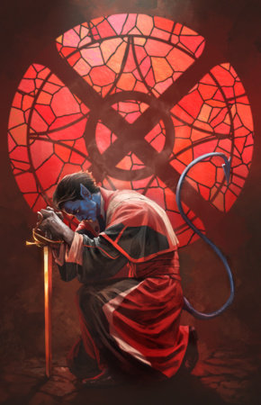 Midnight X-Men #1 Cover G Skan Midnight Special Virgin 1:50 Variant featuring Nightcrawler kneeling with a sword before a large red stained-glass X-Men symbol.