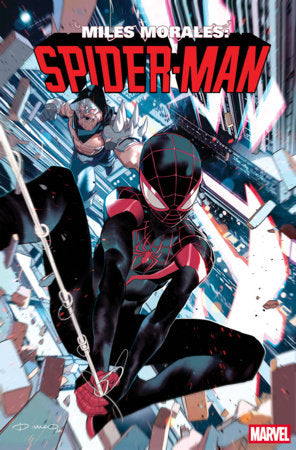 Miles Morales: Spider-Man #3 cover by Simone Di Meo featuring Miles Morales in his black-and-red Spider-Man costume swinging through a chaotic city scene surrounded by shattered debris, bright blue energy effects, and a menacing figure in the background.