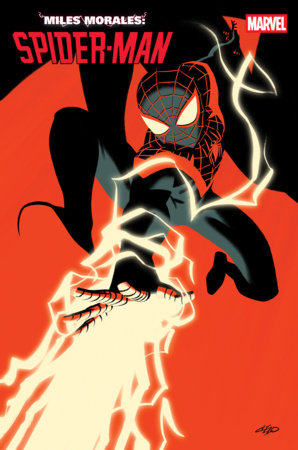 Miles Morales: Spider-Man #3 Michael Cho Variant featuring Miles Morales in his black-and-red Spider-Man costume leaping forward while unleashing bright yellow-white electrical energy from his hand against a bold red-and-black background.