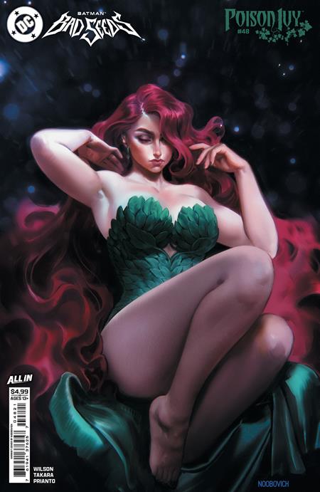 Poison Ivy #48 Cover B Noobovich Variant featuring Pamela Isley reclining in a green leaf-inspired outfit with flowing red hair.