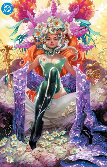 Poison Ivy #48 Cover F Alexander Lozano Bad Seeds Spot Foil Variant featuring Poison Ivy seated on a floral throne surrounded by colorful flowers and lush plant life.