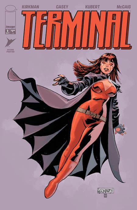 Terminal #2 Second Printing Cover B The Awoken Variant by Rick Leonardi and Neeraj Menon featuring a red-costumed super-powered woman with a flowing black cape.