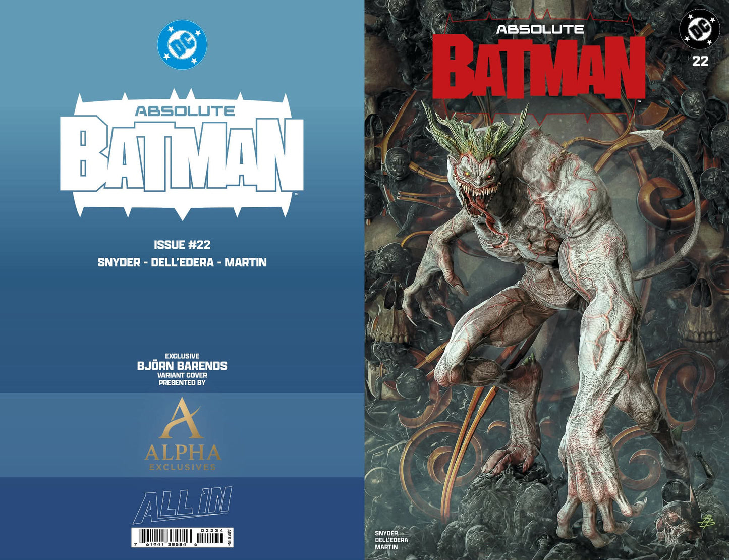 Absolute Batman #22 exclusive cover by Bjorn Barends featuring Harley Quinn and Batman in a key issue revealing Harley Quinn’s origin and connection to Ark M.