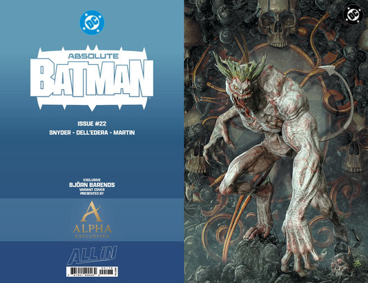 Absolute Batman #22 exclusive virgin cover by Bjorn Barends featuring Harley Quinn and Batman in a key issue revealing Harley Quinn’s origin and connection to Ark M.