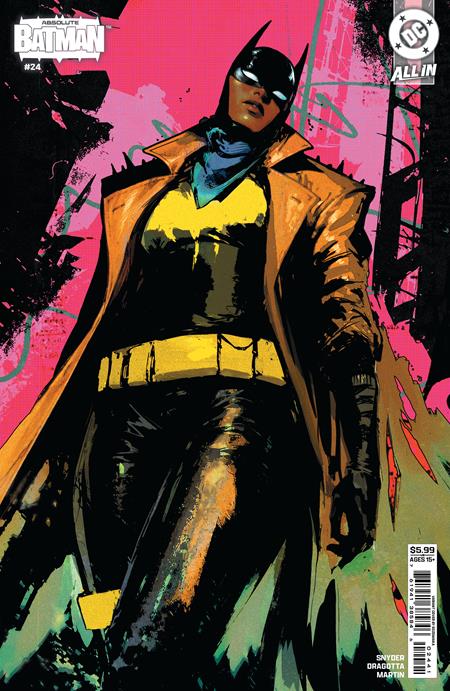 Absolute Batman #24 Cover D Sozomaika Variant featuring Absolute Bat in a black and yellow costume with a brown trench coat against a vibrant pink background.