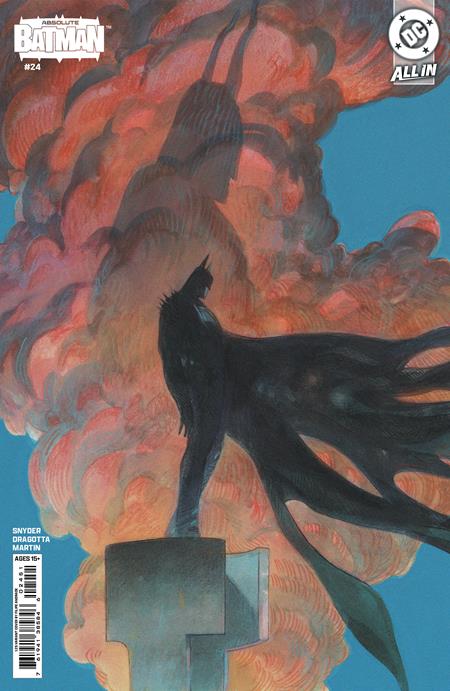 Absolute Batman #24 Filipe Andrade 1:25 Variant featuring Batman silhouetted on a rooftop against a massive fiery explosion and blue sky.