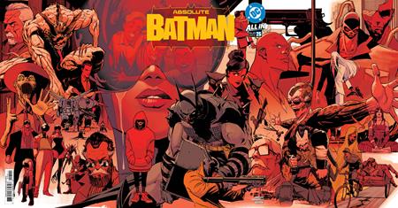 Absolute Batman #25 Cover A Nick Dragotta Gatefold Triptych featuring a panoramic collage of Absolute Batman heroes and villains, including Batman and numerous Gotham City characters, illustrated in dramatic red, orange, and black tones across an expansive three-panel gatefold cover.