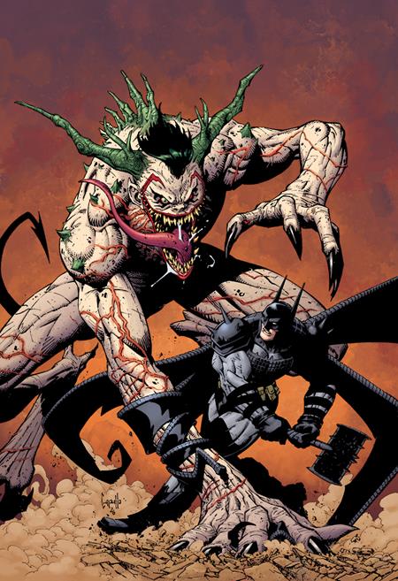 Absolute Batman #25 Cover C Greg Capullo Card Stock Variant featuring an armored Batman wielding a battle axe against a towering, monstrous creature with green spikes, razor-sharp claws, and jagged teeth amid swirling dust and a dramatic orange sky.