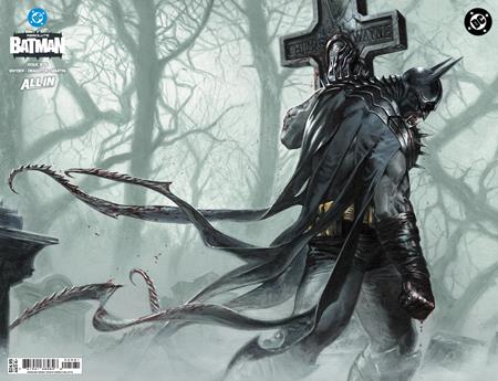 Absolute Batman #25 Cover G Gabriele Dell'Otto DC Showcase Wraparound Foil Variant featuring a heavily armored Batman standing beside a weathered cemetery cross in a foggy graveyard, with his flowing black cape and torn ribbons extending across a haunting landscape of leafless trees.
