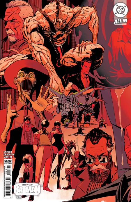 Absolute Batman #25 Cover H Nick Dragotta Left Connecting Variant featuring a detailed collage of monstrous villains, masked figures, and Gotham City characters in bold red, orange, and black artwork, designed as the left half of a larger connecting cover illustration