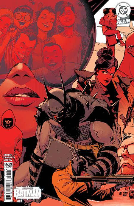 Absolute Batman #25 Cover I Nick Dragotta Middle Connecting Variant featuring a muscular, armored Batman surrounded by Gotham City characters, including a dark-haired woman, masked figures, and illustrated portraits against a bold red, orange, and black background, forming the center panel of a larger connecting cover illustration.