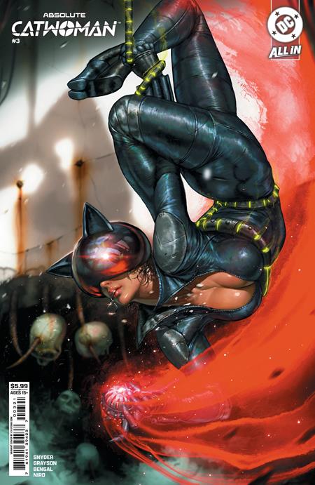 Absolute Catwoman #3 Cover B Kyuyong Eom Variant featuring Selina Kyle in a black Catwoman suit performing an acrobatic maneuver through swirling red energy.