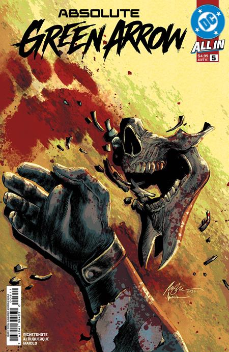 Absolute Green Arrow #5 Cover A by Rafael Albuquerque featuring a monstrous skeletal figure shattering apart against a blood-red background.