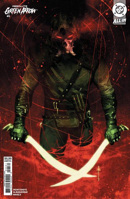 Absolute Green Arrow #5 Cover C Sebastian Fiumara Variant featuring a sinister hooded archer with glowing red eyes wielding two curved blades.