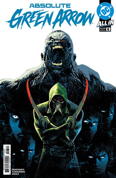 Absolute Green Arrow #6 Cover A by Rafael Albuquerque featuring a sinister hooded, skull-masked Green Arrow holding crossed blades before a towering, monstrous Solomon Grundy, surrounded by shadowy figures against a stark white background.