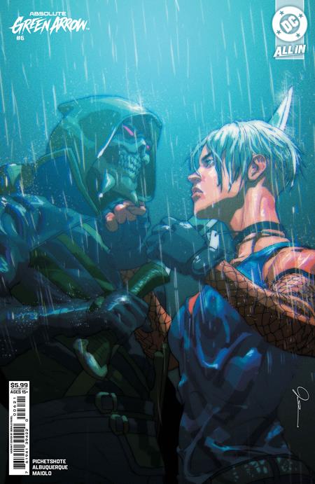 Absolute Green Arrow #6 Cover B Gerald Parel Variant featuring a hooded, skull-masked Green Arrow confronting a short-haired Black Canary in a blue outfit, standing face-to-face beneath heavy rainfall with dramatic blue and green lighting.