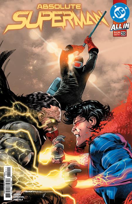 Absolute Superman #20 CVR A by Rafa Sandoval featuring Superman in an epic battle against King Shazam, Hawkman, and a mysterious challenger in the Absolute Universe from DC Comics.