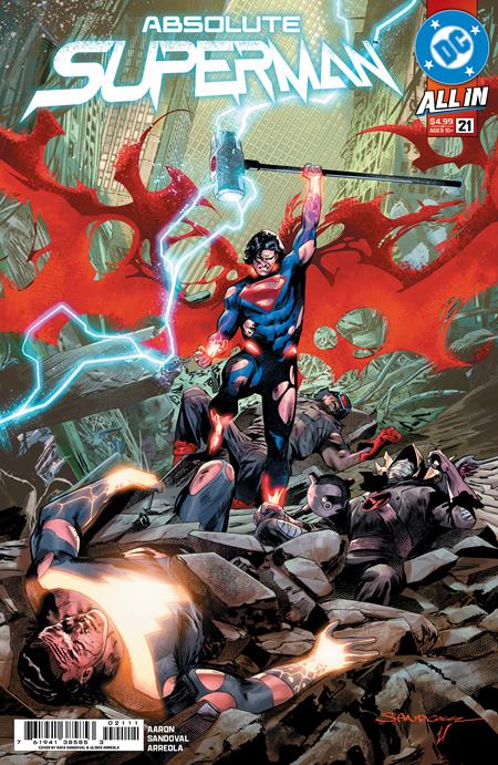 Absolute Superman #21 CVR A by Rafa Sandoval featuring Superman standing victorious amid destruction as he prepares for the final battle against King Shazam in the DC All In Absolute Universe.
