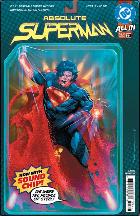 Absolute Superman #23 Cover A by Rafa Sandoval featuring Superman battling against restraints in retro action figure packaging artwork.