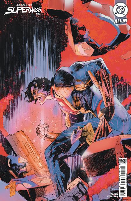 Absolute Superman #23 Cover B Clay Mann Variant featuring Superman injured amid shattered debris in dramatic red, black and blue artwork.