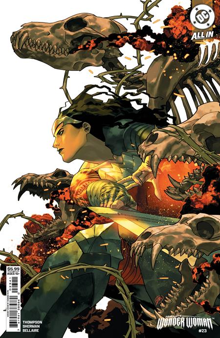 Absolute Wonder Woman #23 Cover D Yasmine Putri Variant featuring Diana with her sword surrounded by massive dinosaur skeletons, flames and twisting vines.