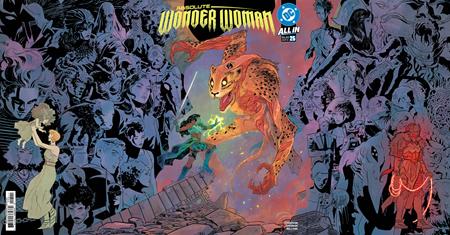 Absolute Wonder Woman #25 Cover A Hayden Sherman Gatefold Triptych featuring a monstrous Absolute Cheetah emerging amid supernatural energy and ruined architecture, surrounded by a panoramic collage of mysterious characters and dark fantasy imagery in purple, blue, orange, and black tones.