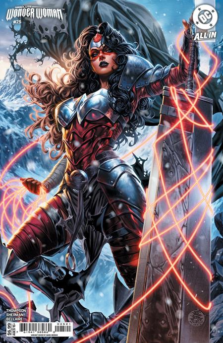Absolute Wonder Woman #25 Cover B Mark Brooks Variant featuring Diana in detailed silver and red battle armor, holding an enormous sword wrapped in glowing red magical energy, with flowing dark hair, an icy mountainous background, and ominous supernatural figures looming behind her.