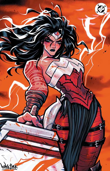 Absolute Wonder Woman #25 Cover F Babs Tarr Glow-in-the-Dark Variant featuring Diana with flowing black hair, fierce expression, red and white battle armor, and an enormous sword against a fiery orange background with dramatic white energy effects.